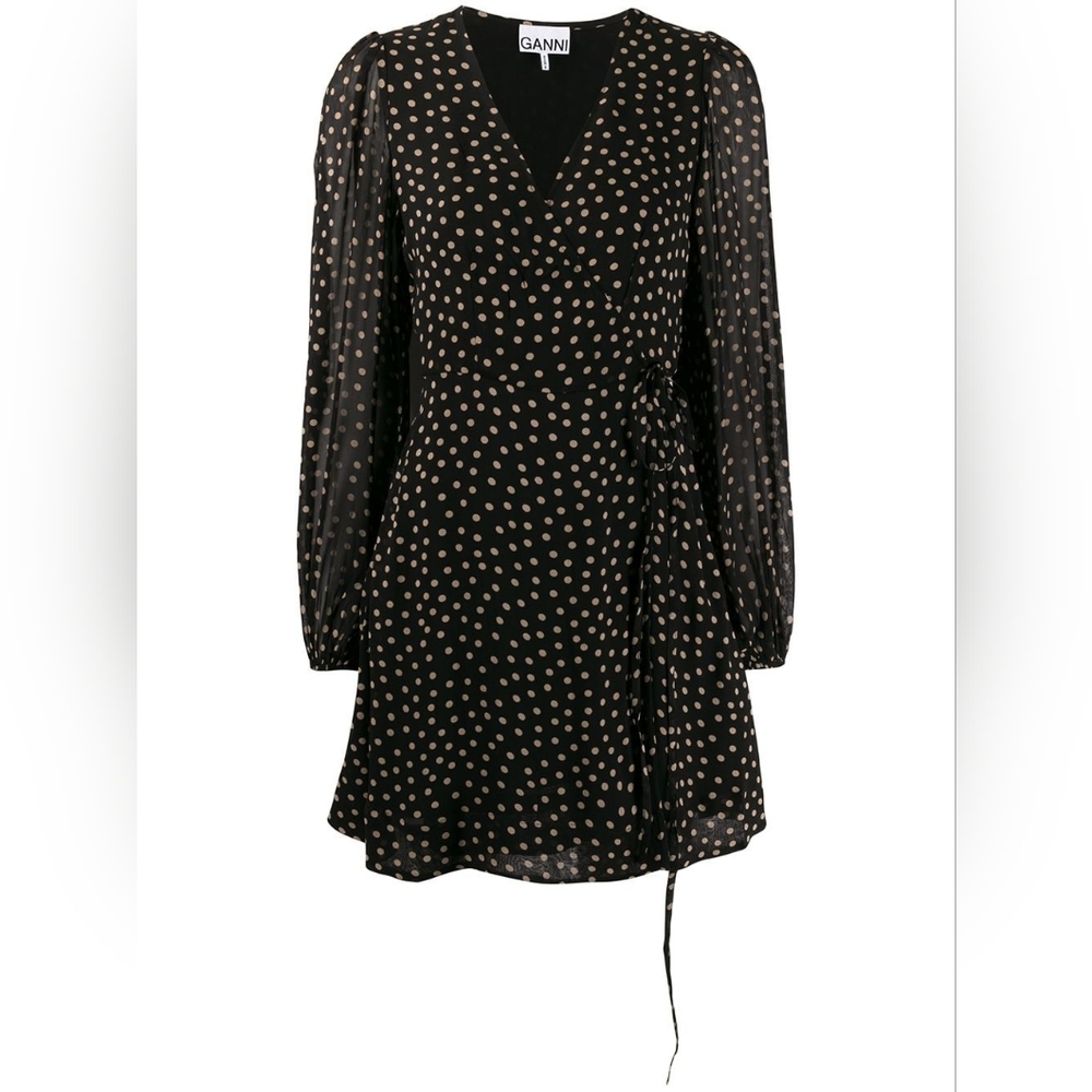 Ganni Polka Dot Wrap Dress, Black, Size  36